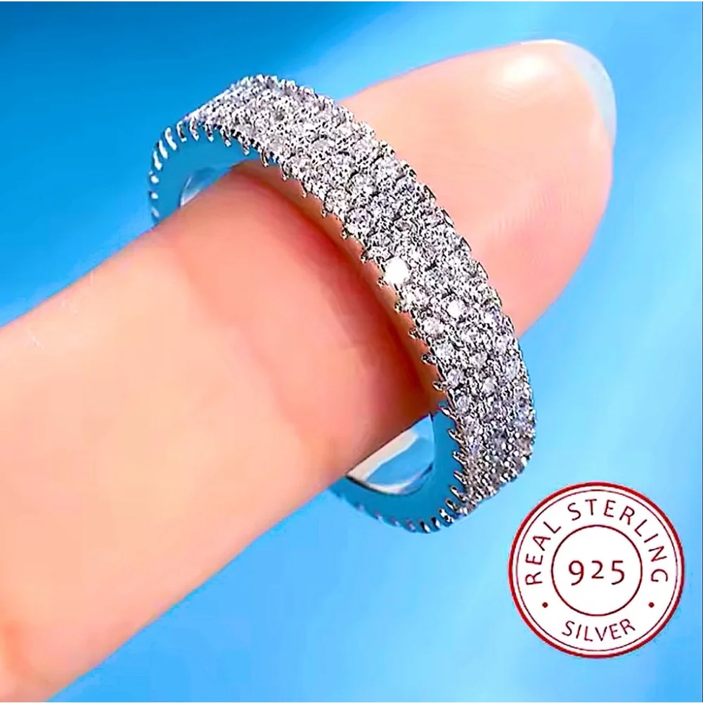 NEW 14k Gold‎ Plated S925 Triple Row Eternity Diamond Wedding Ring, Size 7.5